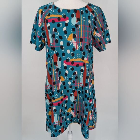 CROSBY by Mollie Burch Teal Pink Black Abstract Polka Dot Artsy Whit Dress Small - Picture 1 of 5